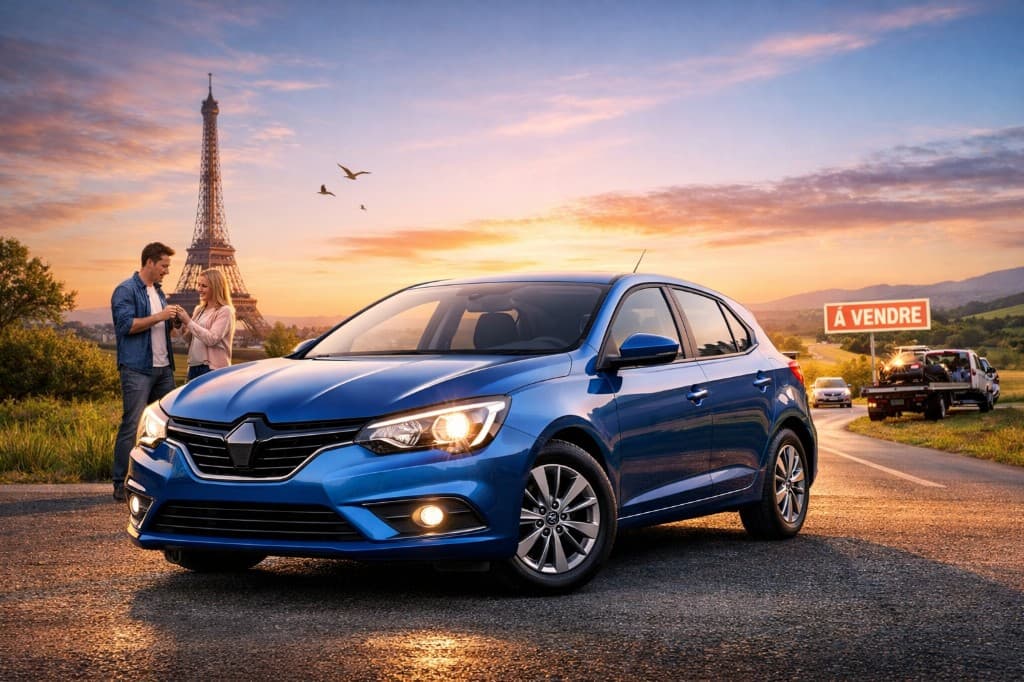 Photo : Paris au coucher du soleil, une voiture et un moment de confiance pour votre achat ou votre vente